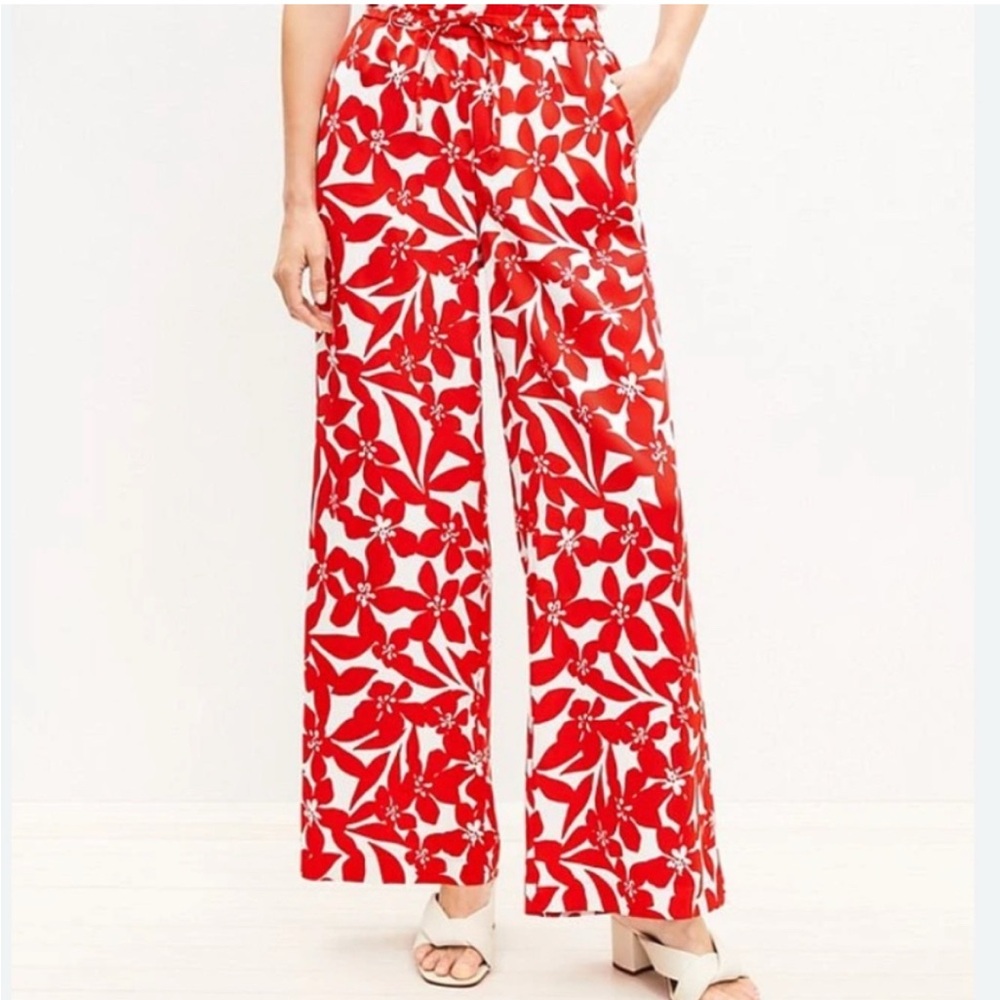 Loft Red and White Floral Wide-Leg Pants